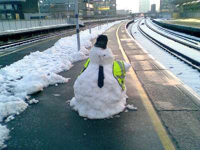Snowman on platform C - Waterloo East 4/2/09
