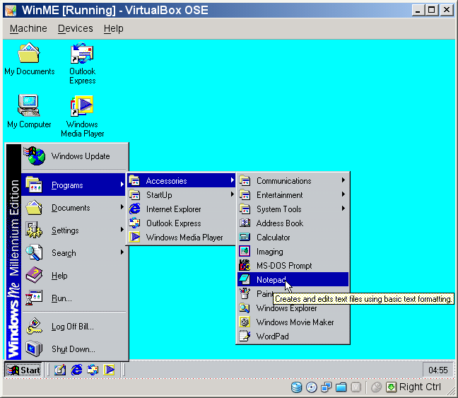 Windows ME running in VirtualBox