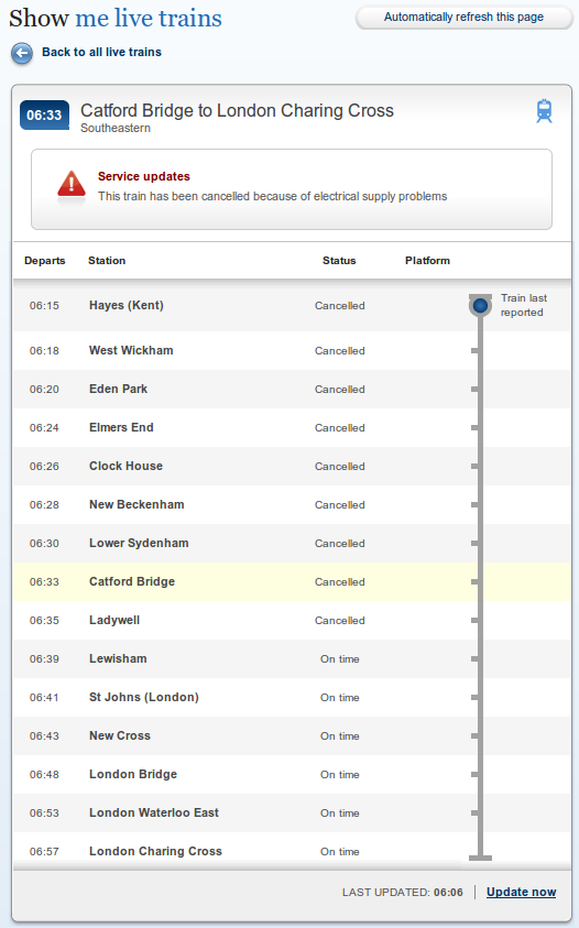 train cancellation after a bit of snow on Monday 11th Feb 2013