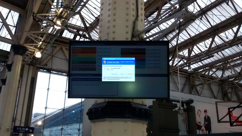 Windows message on huge screen at Waterloo station !