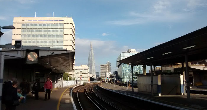 blue sky, the shard, guys
                  hospital - as seen from platrom A at Waterloo East
                  station