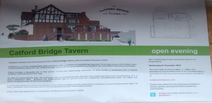 notice outside of the
                  currently closed Catford Bridge Tavern