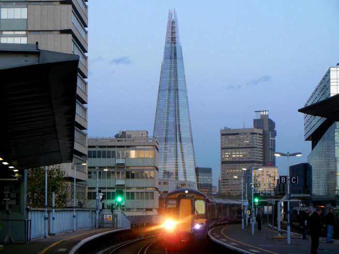 The Shard seen from
                      platform A of Waterloo East station as the sun was
                      setting.