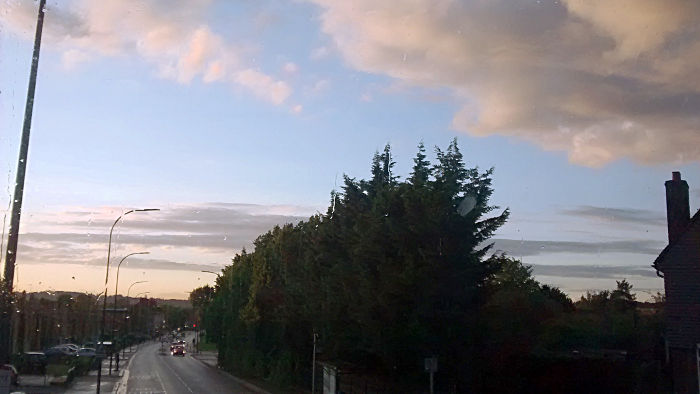 view from top deck
                          of 208 bus as it heads towards Downham from
                          the top of Bromley Hill