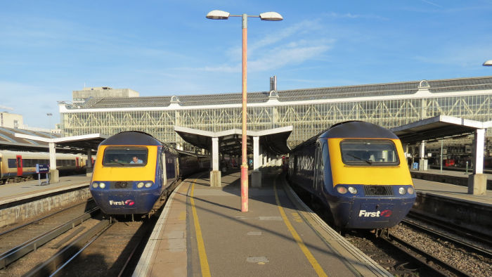 two class 43 power cars at
                    Waterloo station