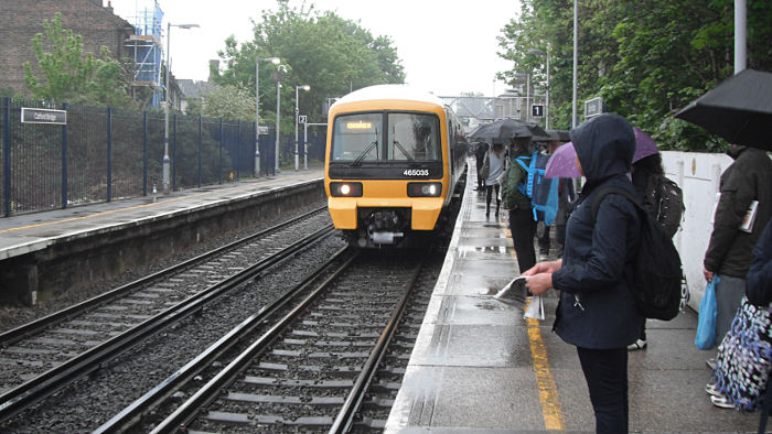 the 06:33 arrives at a wet and soggy
                          Caatford Bridge station
