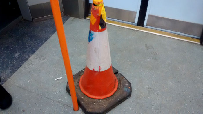 traffic cone on a train