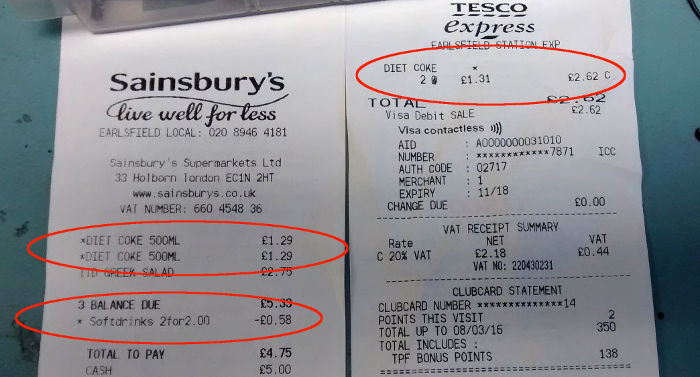 comparing
                              Sainsbury and Tesco price of Diet Coke