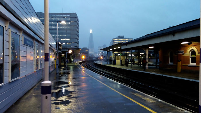 Waterloo East station - view
                  from platform A towards The Shard