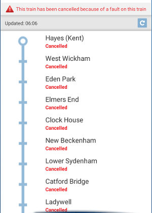 the 06:33 from Catford Bridge cancelled
