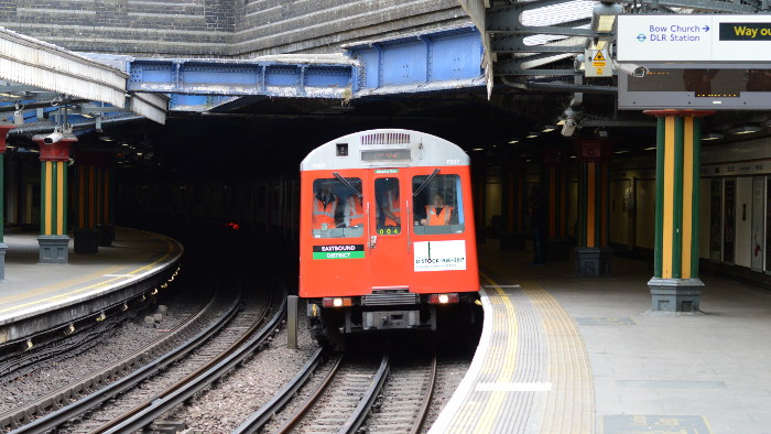 D78 stock train
                  pulling into Bow Road station