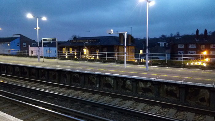 The Shortlands Tavern by night, as seen
                  from the railway station