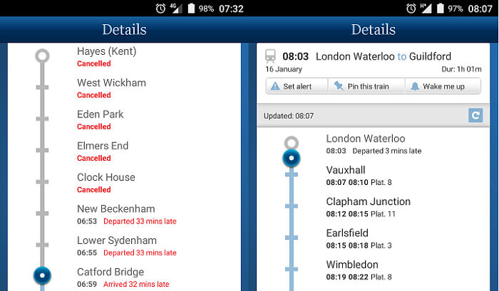 the train I
                              wanted to get, and the train I got from
                              Waterloo