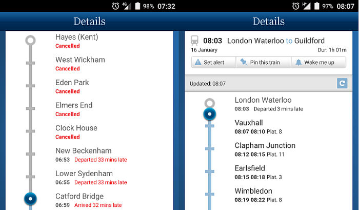 the train I
                              wanted to get, and the train I got from
                              Waterloo