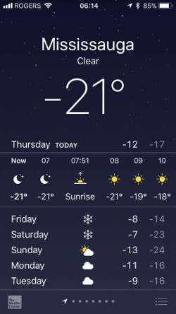 The temperature in Mississauga Canada a
                      few days ago
