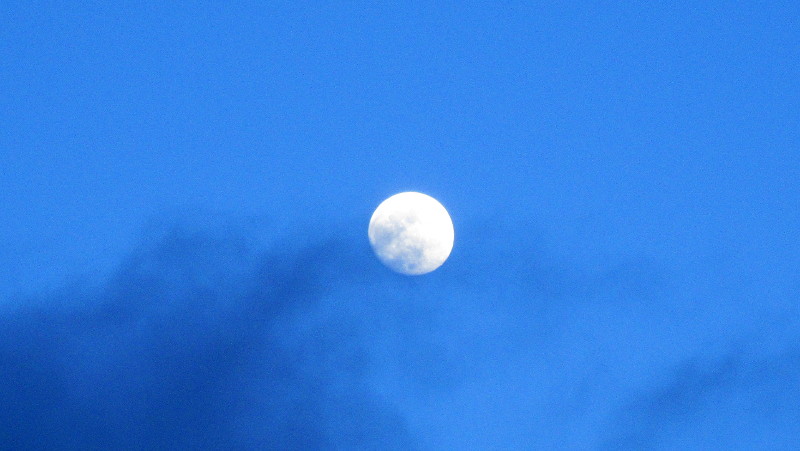 an almost full moon against a blue sky