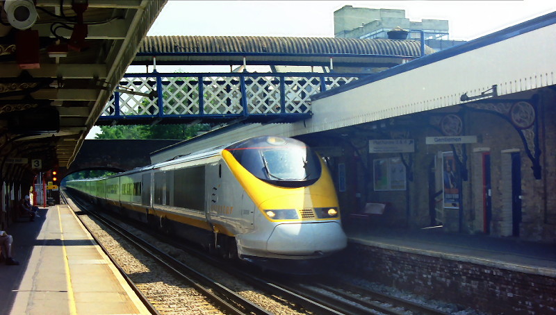 Eurostar train going
                      through Beckenham Junction station