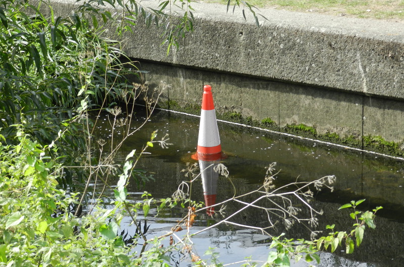 traffic cone in
                              river