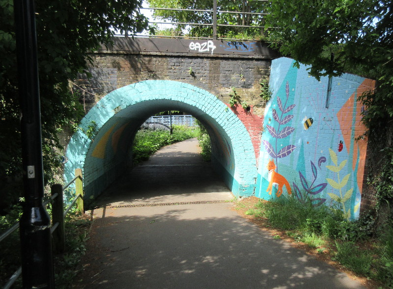 Through
                                      the light blue arch