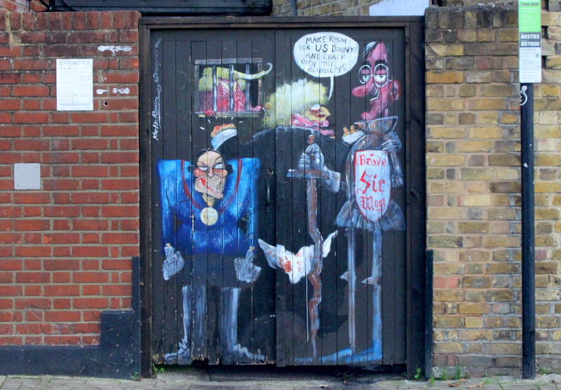 cartoon on back
                                                entrance of pub