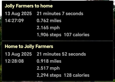 stats for the walk to and
                                    from the pub